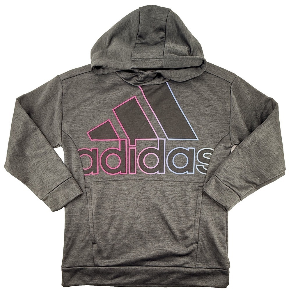 Adidas Youth Unisex Hoodie Size Large Gray Pink Blue Logo Pullover Pockets